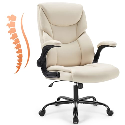 Beige Sweetcrispy High Back Desk Chair with PU Leather, Ergonomic Office Chair
