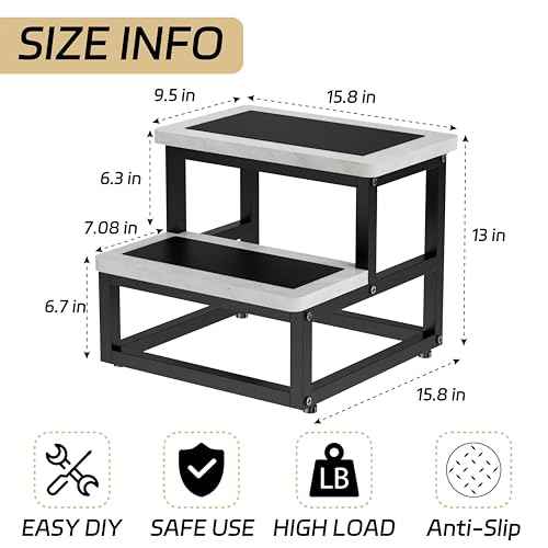 Step Stools, Heavy Duty Stepping Stool for Kids Adults, Non-Slip Metal and Wooden 2 Steps Foot Stool for High Beds and Kitchen, Round Corner, 500 Lbs Capacity, Cement Gray