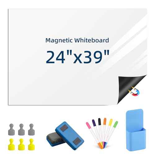 Magnetic Dry Erase Whiteboard for Refrigerators, 24" x 39" White Board on Wall for Organizer and Planner, Kitchen Fridge Shopping List with Marker, Magnetic Eraser and Magnets
