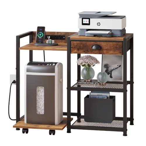 ZIWEI STAR Printer Stand with Storage Drawer,Printer Table with USB Port, 3 Tier Shelf, Base Stand with Wheels.Printer Cabinet for Home and Office.Brown