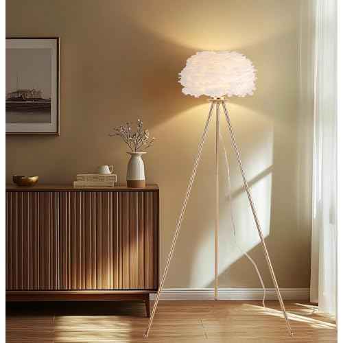Modern Gold Feather Floor Lamp,Tripod Floor Lamp with White Feather Shade,Elegant Standing Tall Lamp for Bedroom Living Room Home Decor