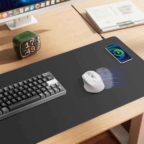 Mouse Pad with Wireless Charging, PU Leather Fast Charging Gaming Mouse Pad, Waterproof Anti-Slip Surface, Easy Clean Office Table Mat, 32L x 16W x 0.15H inches, Black(Right Side Charging Port)