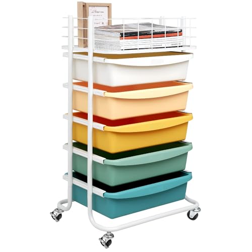 Rolling Storage Cart with 5 Drawers and Steel Top, Mobile Utility Organizer