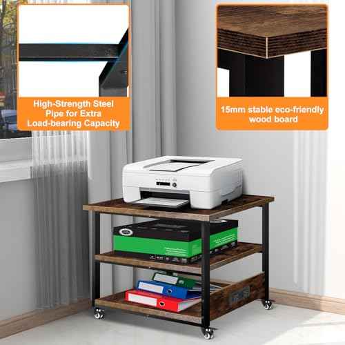 Printer Stand, 19.7x19.7'' Large Printer Table with Power Outlet for Home Office Organization, Under Desk 3d Printer Stand With Wheels, Heavy Duty Rolling Printer Cart Shelf Stand for Desktop-3 Tier