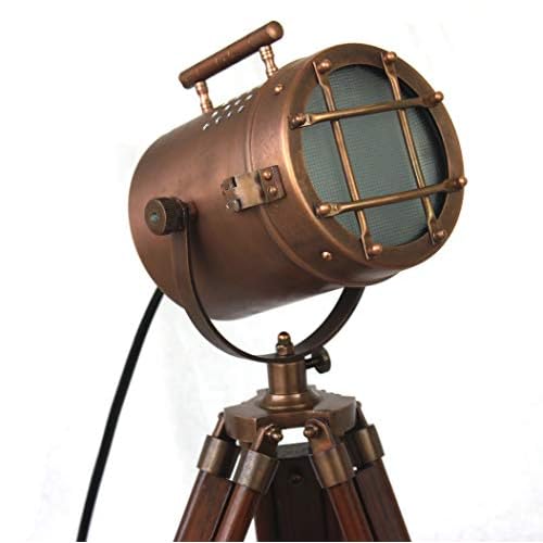collectiblesBuy Antique Copper Tabletop Searchlight LED Lamp ? Vintage Nautical Desk Light with Adjustable Wooden Tripod Stand | Home Office Decor & Studio Table Accent