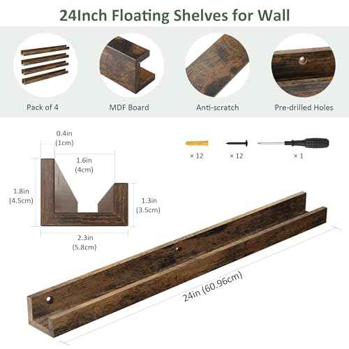 Vinyl Record Shelf Wall Mount 24 inch, Pack of 4 Album Record Holder Display, Wood Floating Shelves for Wall Decor, Album Shelves, Kids Bookshelf, Magazine Rack, Walnut