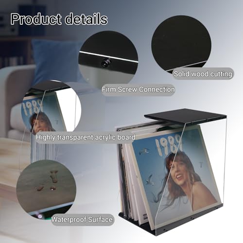 Vinyl Record Storage Rack, 40LPs+ Capacity Wooden Vinyl Albums Display Organizer with Acrylic Board, Quick Assembly Retro Style Record Storage Box for CD, Magazine, File
