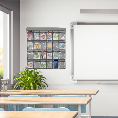 DOITOOL 24 Clear Pockets Classroom Pocket Chart for Cell Phones Calculator Holder Over The Door Hanging Closet Jewelry Organizer Clear Pocket Chart Organizer for Classroom Cellphone Storage