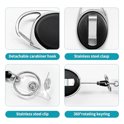 Vetoo 100 Pack Retractable Black Badge Reel with Clip, Carabiner, and Key Ring ? Coil Nylon Rope Badge Reel Keychain for School, Nurses, and Office Use