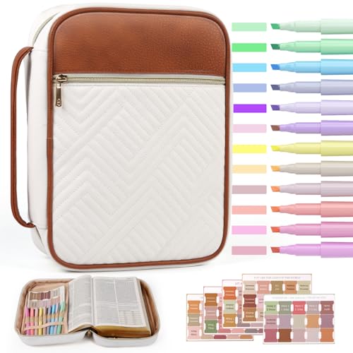 Quilted Vegan Leather Bible Cover, Color-Blocked Bible Cover Case for Women, Large Bible Carrying Case with Handle, Bible Study Supplies & Christian Gift for Women (White & Brown, M/L)