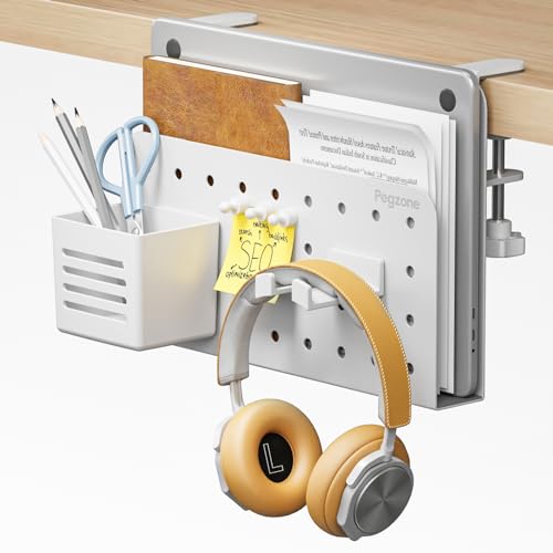 Desk Side Storage Organizer, No Drill Under Desk Laptop Holder, Clamp on Desks Shelf with Pegboard Accessories, Hanging Laptop Mount, Fits Flat Edge 0.4" to 2.2", White