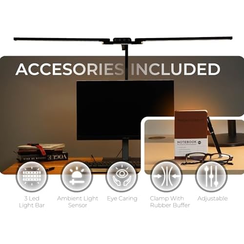 LED Desk Lamp, Anti Eyestrain with Blue Light Blocking Glasses Included, 3000K-6500K with Clamp, Architect Style Swing Arm, Wide Monitor Computer Light for Home Office Gift