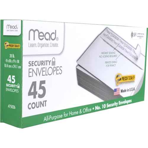 Mead #10 Security Business Envelopes Letter Size 4-1/8" x 9-1/2" ? Peel and Seal, Privacy Lined, No-Window, Press-It Seal-It Self-Adhesive for Home & Office Mailing, 45 Count (75026)