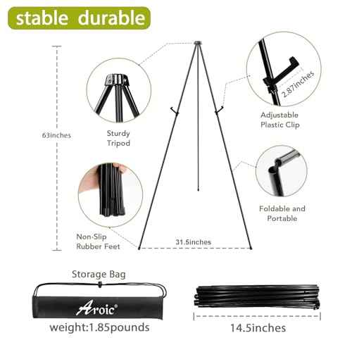 AROIC 63" Easel Stand for Display, 3 Pack Portable Foldable Metal Easel, Easels for Signs Wedding Logos,Arts, Painting,Adjustable Floor Easels with 3 Storage Bag