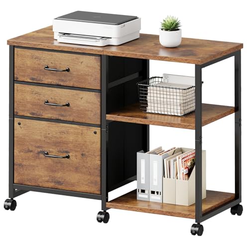 3 Drawer File Cabinet with Wheels Rolling Printer Stand with Open Storage Shelf Fabric Lateral Filing Cabinet for Home Office,Rustic Brown2