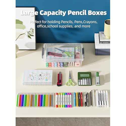 4 Pack Extra Large Pencil Box, Plastic Pencil Case Organizer, Clear Crayon Box Marker Organizer, Stackable Craft Organizers and Storage for Pen, Craft, Art Supply(Grey)