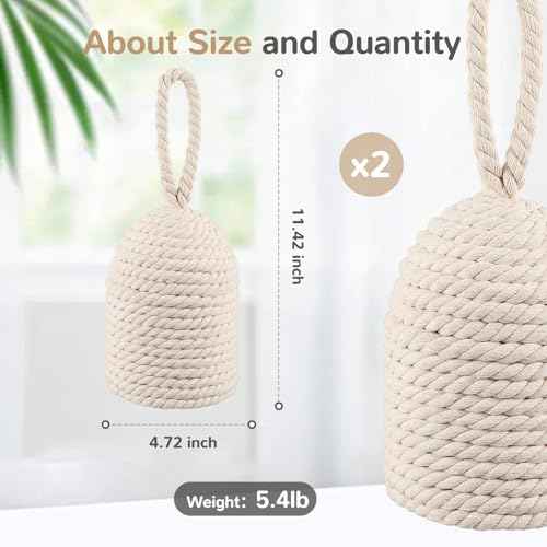Decorative Door Stop Rope Door Stop with Handle 4.72 ''d x 11.42''h 5.4lb Heavy Weight Stoppers for Window Wedge Bookend Home Wedge to Keep Open (White,2 Pcs)