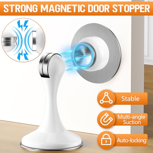 Crosize Magnetic Door Stops 2 Pack, Stainless Steel, White (No-Drill Adhesive or Screws) – 2 Pack