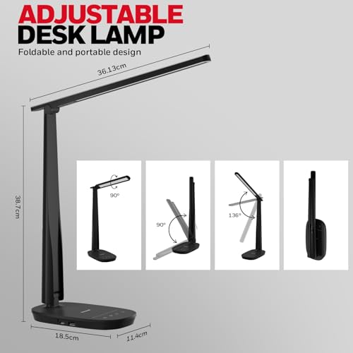 Honeywell HWT-H2 LED Desk Lamp Black, Eye-Caring Full Spectrum, USB Charging