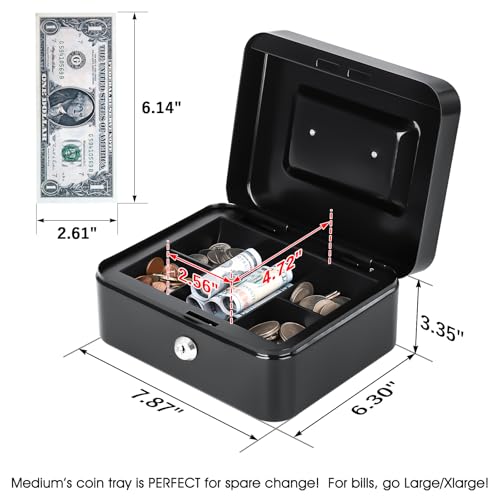 KYODOLED Black Medium Metal Lock Box with 2 Keys - Portable Cash & Medication Safe