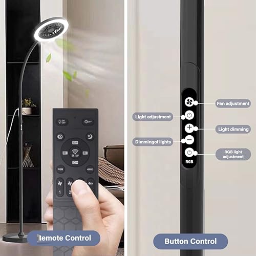 Pedestal Fan for Bedroom, Floor Lamp with Fan RGB 18w/1500lm, 3-Speed Stand Fan Stepless Adjustable 3000K-6000K Color and Dimmer, Remote and Button Control, Adjustable Gooseneck Gloor Lamp (Black)
