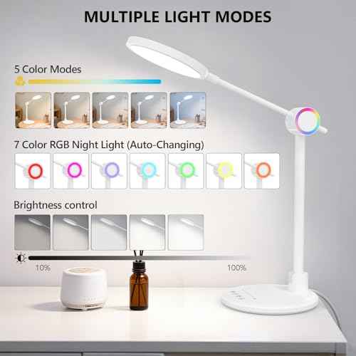 LED Desk Lamp, Eye-Care Desk Light with RGB Night Light, 5 Color Modes Dimmable Table Lamp, 800LM Foldable Touch Control Reading Light for Home Office, Study Room, Bedroom,