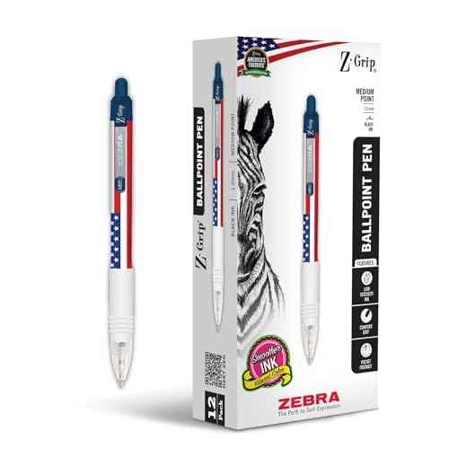 Zebra Pen Z-Grip Retractable Ballpoint Pen, 12-Pack American Flag Barrel, Black Ink, Medium Point 1.0mm, Soft Grip, Stylish Patriotic Design, Smooth Writing Pens (21775)