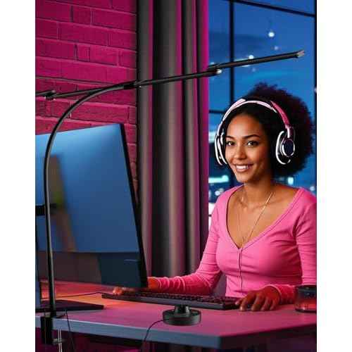 LED Desk Lamp with Clamp, 24W Ultra Architect Desk Lamp for Home Office, Stepless Dimming & Adjustable Gooseneck, Eye-Caring Light with USB Adapter for Reading, Study, Multi-Screen Setup (Black)