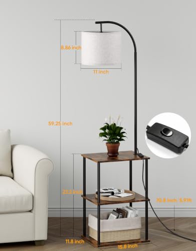 Rustic Brown Floor Lamp with Table - Night Stand & End Side Table for Living Room