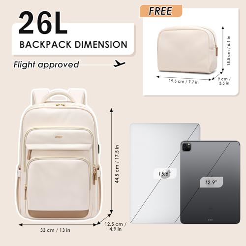 Laptop Backpack for Women,Travel Backpack with Laptop Compartment,Casual Daypack College Bookbag Computer Backpack for Work with Small Organizer Bag,Beige
