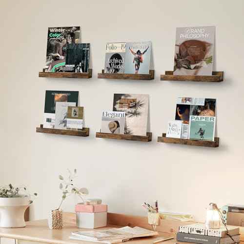 Vinyl Record Shelf Wall Mount, 6 Pack 12 inch Album Record Holder Display, Wood Floating Shelves for Wall Decor, Album Shelves, Kids Bookshelf, Magazine Rack, Walnut