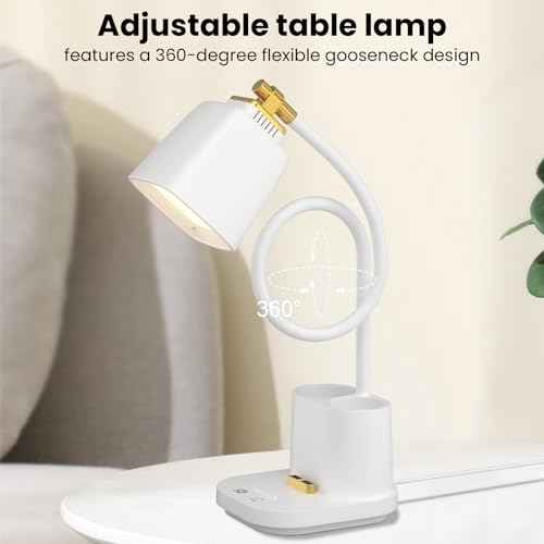 Desk Lamp with USB Charging Port & Pen Holder, LED Desk Light for Home Office, Touch Dimmable, Ideal for Study, Reading, and Work (White)