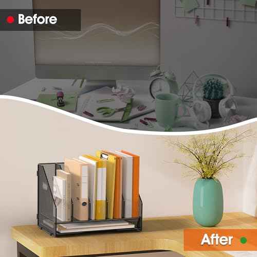 Desk File Folder Holder Organizer-5 Vertical Compartments Racks and Paper Letter Tray,Mesh Magazine File Holder Sorter,Desktop Accessories & Workspace Organizers for Home,Office,School-Black