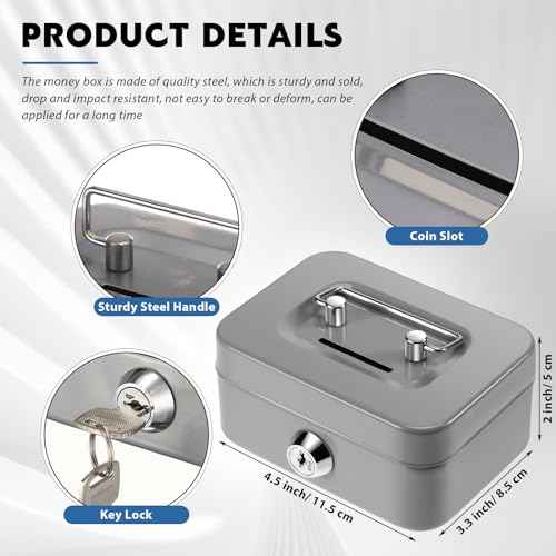 Tandefio 12 Pcs Small Money Cash Box with Lock and Slot Metal Box for Cash Steel Organizer Piggy Bank Metal Coin Bank for Adults, 4.5 x 3.3 x 2 Inch, Without Money Tray, 4 Colors