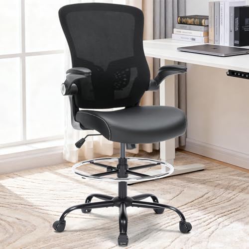 Bondesin Drafting Chair with Lumbar Support, Tall Office Chair, PU Leather Seat, Footrest Ring & Flip-up Armrests
