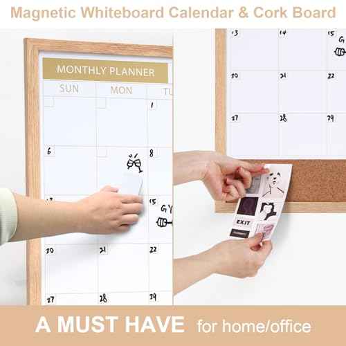 ARCOBIS Calendar Whiteboard with Cork Board, 24"x18" Wood Frame Dry Erase Calendar for Wall, Magnetic Monthly Combination Board for Home, Office, School, Kitchen, Beige