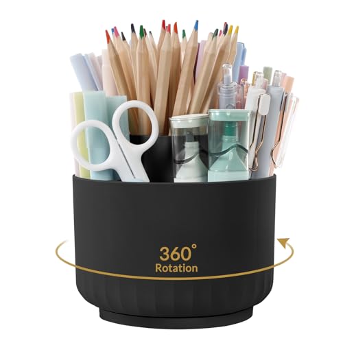 Black 360° Rotating Pen & Pencil Holder with 5 Compartments Desk Organizer