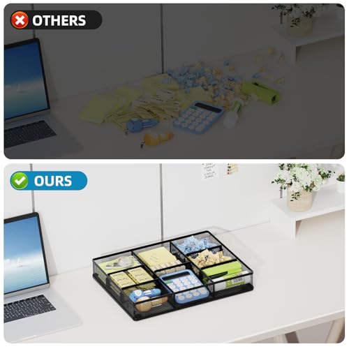 Marbrasse Black Metal Mesh Desk Drawer Organizer with 5 Adjustable Compartments - 12 x 8.5 x 1.8 inches