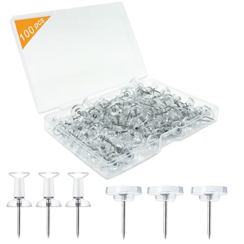 100-Pack Clear Push Pins & Flat-Head Tacks with Storage Box for Cork Boards – Office & Classroom