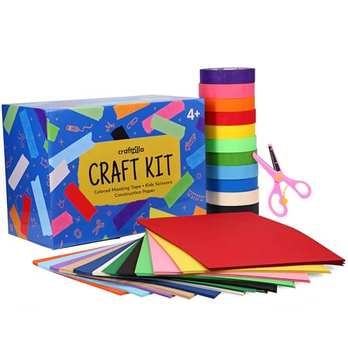 Craftzilla Arts and Crafts Kit for Kids ? 11 Colored Masking Tape Rolls, 240 Sheets Construction Paper Assorterd Colors, Kid-Safe Scissors ? All-in-One Kids Art Supplies Set - Arts and Craft Supplies