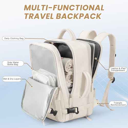 Beraliy Travel Backpack, Large Carry On Backpack, Personal Item Travel Bag, Airline Approved 17 Inch Laptop Backpack, College Weekender Business Hiking Bag, Beige