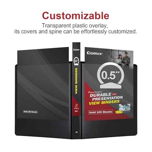 COMIX Sturdy 3 Ring Binder 0.5 inch with Clear View Cover, 1/2" Round Ring View Binder, PVC-Free, 100 Sheets Capacity of US Letter Size Paper, Office £¦ School Supplies, Pack of 12 (Black)