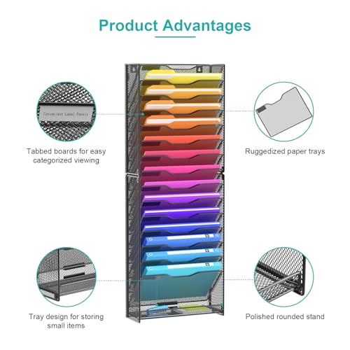Wall File Organizer, 16-Tier Mesh File Holder, Vertical Document Rack For Home, School, and Office Use (Black)