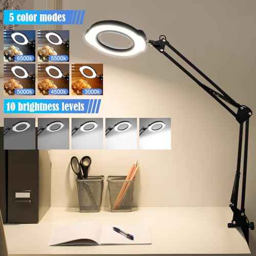 2-in-1 Desk Lamp & Clamp Light, 10X Magnifying Glass with Light and Stand, 5 Color Modes 10 Brightness Dimmable LED Desk Lamp,14.5inch Adjustable Swing Arm for Reading Crafts Painting Close (Black)