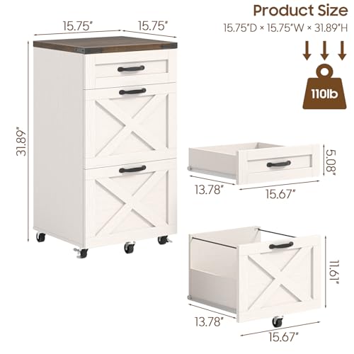 Halitaa 3-Drawer Farmhouse File Cabinet on Wheels - Rustic White, Includes Locking Casters