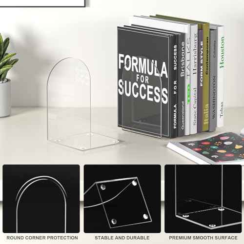 Acrylic Bookends 4 Pieces, Clear Bookends for Shelves, Book Ends for Shelves and Desktop Organizer, Transparent Shelf Book Stopper to Hold Books for Home Office Supplies