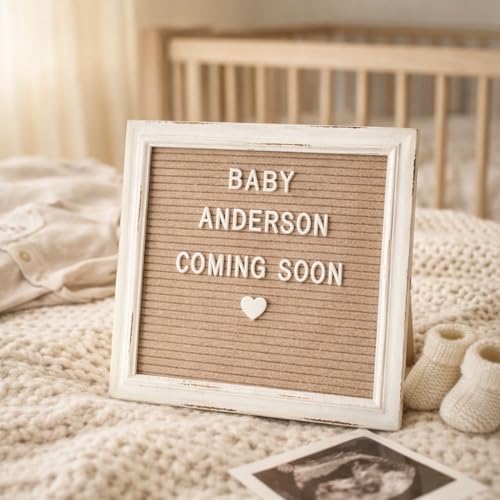 10x10 Cappuccino Felt Letter Board with Stand & Rustic White Frame - Baby Announcement Sign