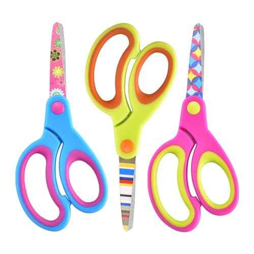 Kids Scissors Set, Safety Children Scissors with Blunt-Tip Floral Print Blade and Soft Grip, Great for DIY, Arts, Home, School Classroom Use, Blue/Purple/Yellow