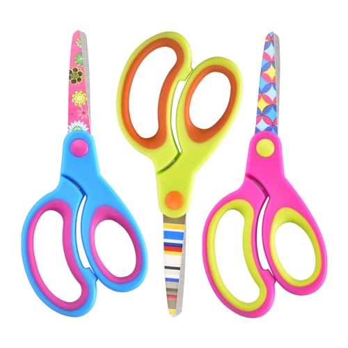 Zicolu Kids Safety Scissors 3-Pack, Blunt Tip, Ambidextrous, 5 Inch, Floral Print, Soft Grip, For DIY, Arts & School (Purple/Blue/Yellow)