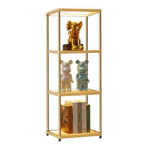 MANBUR Display Shelf with Dimmable LED Floor Lamp, Display Cabinet with Glass Bookcase, Home Decor, Bedroom Decor, Bookshelf with Light, Open Book Shelf with 4-Tier Shelf for Living Room Decor Gold